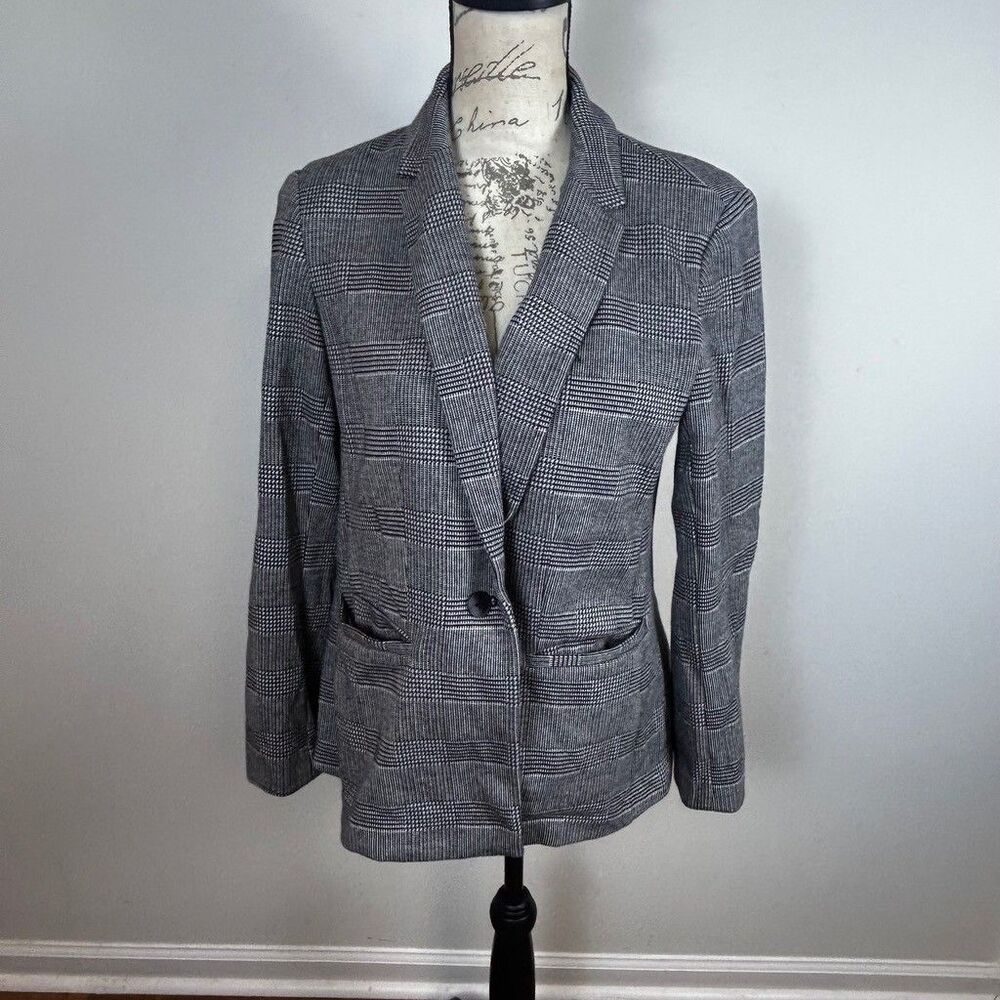 Old Navy Blazer Womens Medium Gray Glen Plaid One Button Knit Suit Jacket